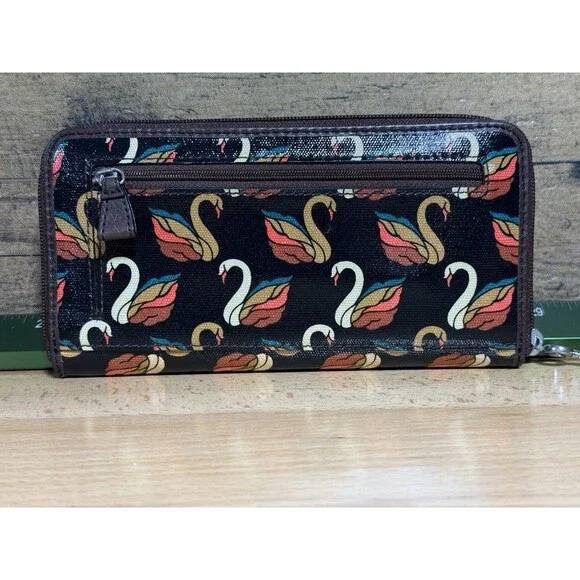 NEW Authentic Fossil Key-Per Brown/Orange Swan Print Card Wallet Fall Colors - Picture 9 of 16